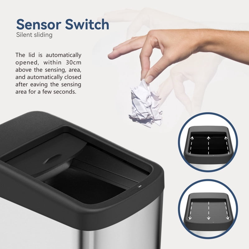 AUKTOPT 8 Gallon Motion Sensor Trash Can with Wheels, Stainless Steel Automatic Garbage Bin with Sliding Row Up Lid, Touchless Hands-Free Soft-Close, Silver