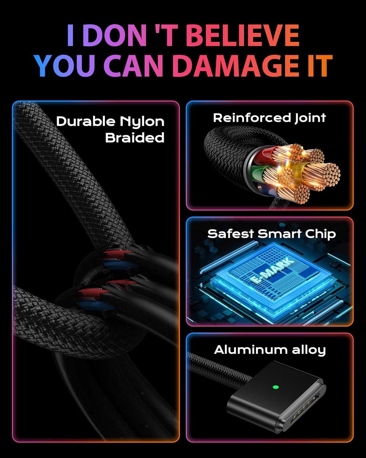 140W Type-C to Magsafe3 Charging Cable, Compatible with Mac Models Pro/Air (2021-2025 M1/M2/M3/M4), Detachable Laptop Power Cord, Nylon Braided Fast Charge(Black 6.6FT/2M)
