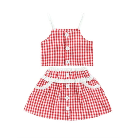 

Amuver Baby Girl Tops A-Lined Skirt Suit Cute Sleeveless Crop Plaid Tops Summer Half Dress Suit