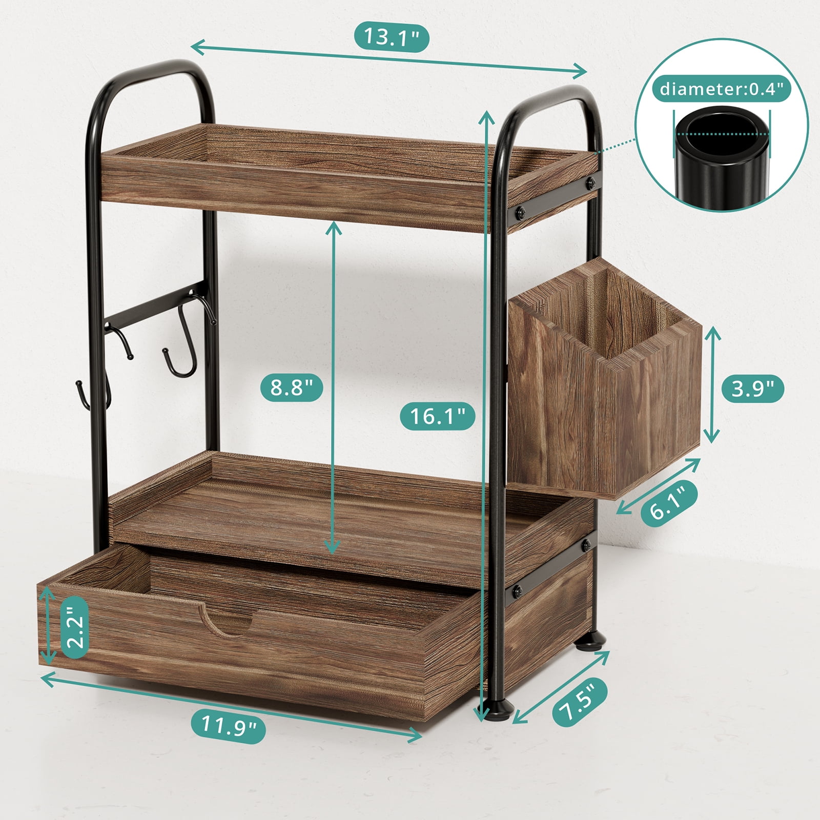 2 Tier Bathroom Counter Organizer with Drawer, Wooden Vanity Skincare Storage Shelf with Thickened Iron Frame, Countertop Shelves with Basket and Hooks for Bathroom Makeup Organization (Dark Brown)
