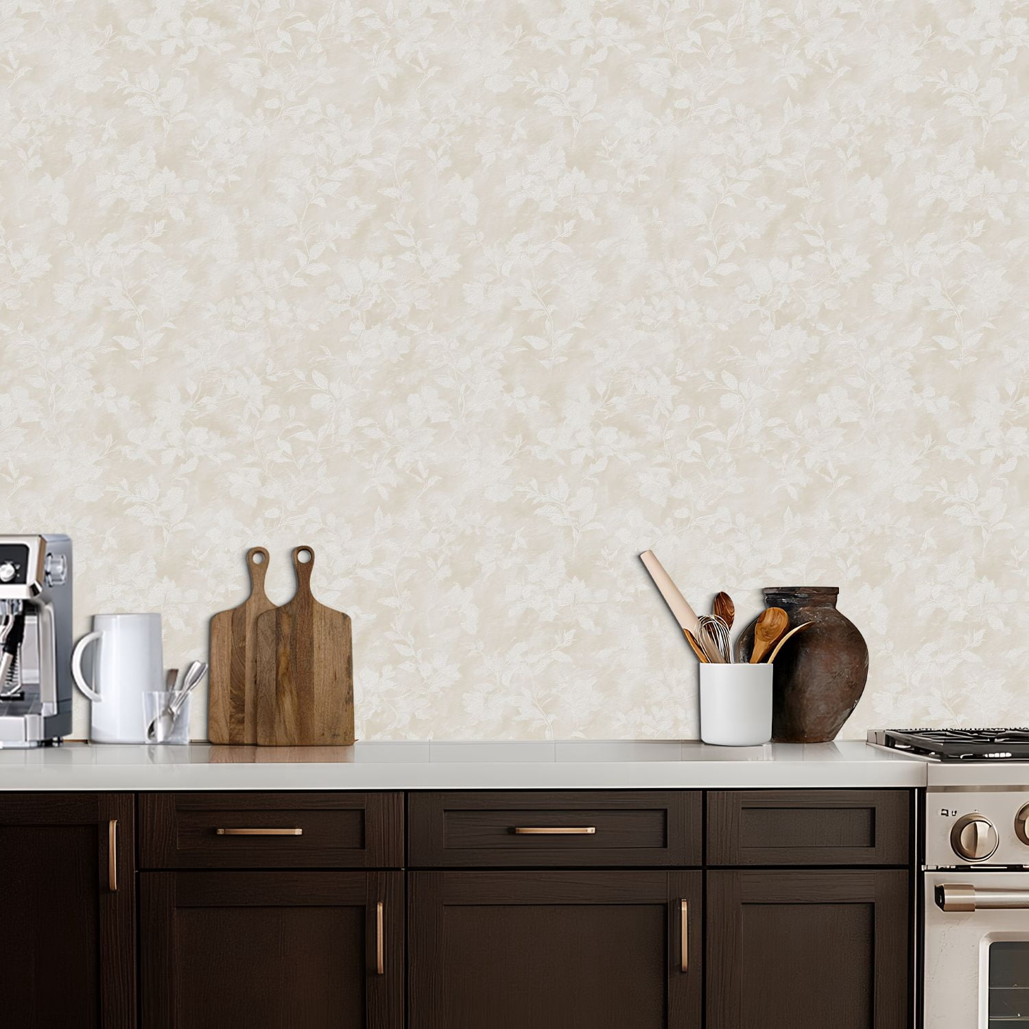 Peel and Stick Wallpaper Beige Floral Damask Soft Botanical Vines Elegant Wall Mural 17.7in x 9.8ft Self Adhesive Removable Wall Paper Renter Friendly Wallpaper for Nursery Bedroom Cabinets