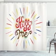 thumbnail image 1 of Kiss Me Shower Curtain, Vintage Style Quote with Colorful Starburst Stripes on School Textbook Background, Fabric Bathroom Set with Hooks, 69W X 75L Inches Long, Multicolor, by Ambesonne, 1 of 3