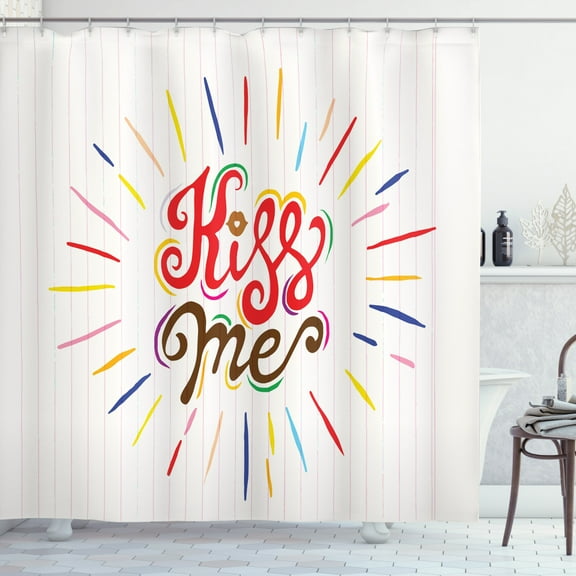 Kiss Me Shower Curtain, Vintage Style Quote with Colorful Starburst Stripes on School Textbook Background, Fabric Bathroom Set with Hooks, 69W X 70L Inches, Multicolor, by Ambesonne
