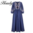 thumbnail image 2 of Fashion Pure Color Round Neck Lace Accessory Dress Loose Temperament Sleeve Embroidered Cotton Linen Dress Factory Direct SalesL Gao Jinjia LED, 2 of 2