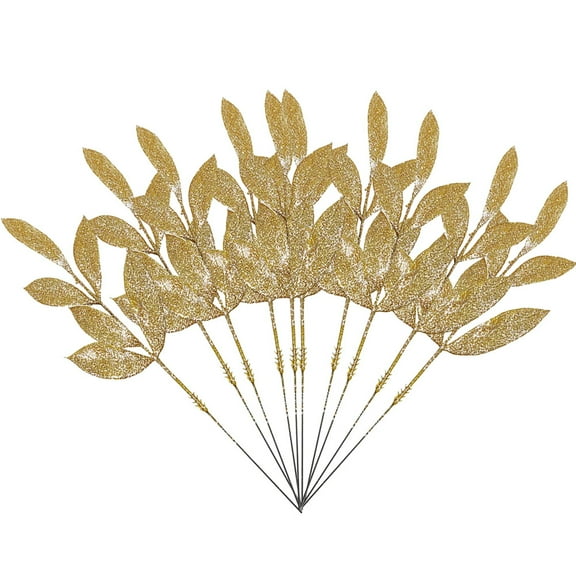USHOBE 10Pcs Glitter Picks Golden Leaf for Christmas Decor and Winter Holiday Style Decorations