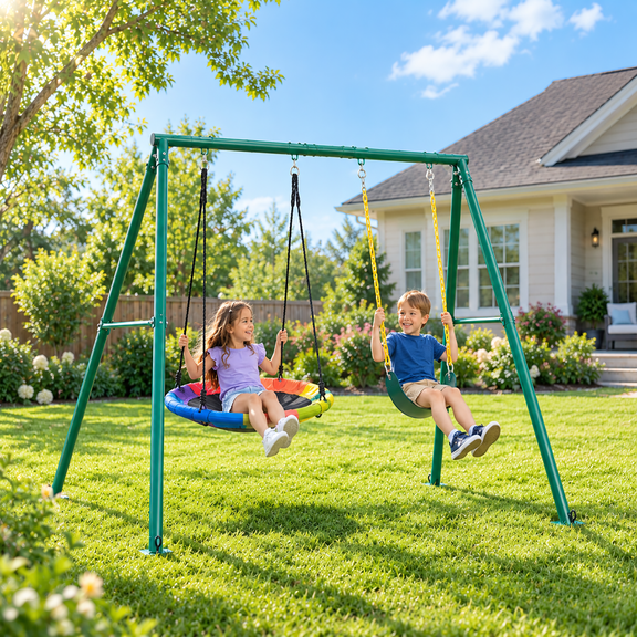 Klokick Swing Set with 1 Saucer and 1 Belt Swing Seat, 440lbs Swing Set for Kids with Heavy Duty A-Frame Metal Swing Stand for Backyard and Playground