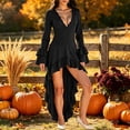 thumbnail image 4 of HBYJLZYG Women's High-Low Ruffle Dress with Deep V-Neck and Flared Bell Cuffs, Long Sleeve Asymmetrical Hem Party Gown for Halloween, Holiday, and Festival Events, 4 of 9