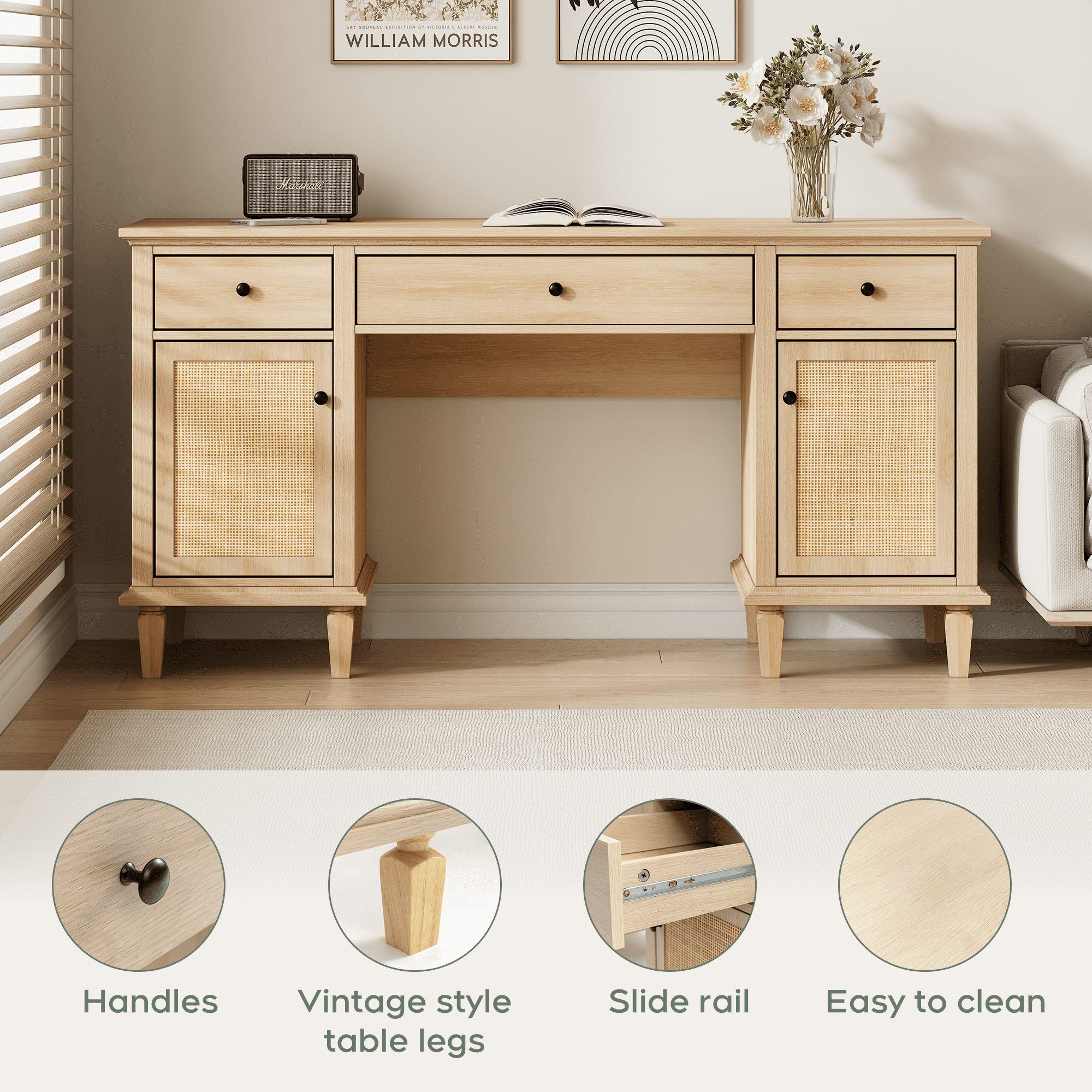 Brafab 3-Drawer Rattan Writing Desk with Storage Shelf & Power Outlets,Computer Desk with 5 Drawers and File Cabinet for Storage Home Office Desks,58.2 x 20.8 in