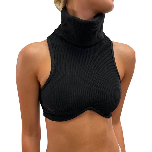 Top sin hombros de punto acanalado ajustado para mujer: bralette sensual de cuello alto para fiestas y salidas nocturnas