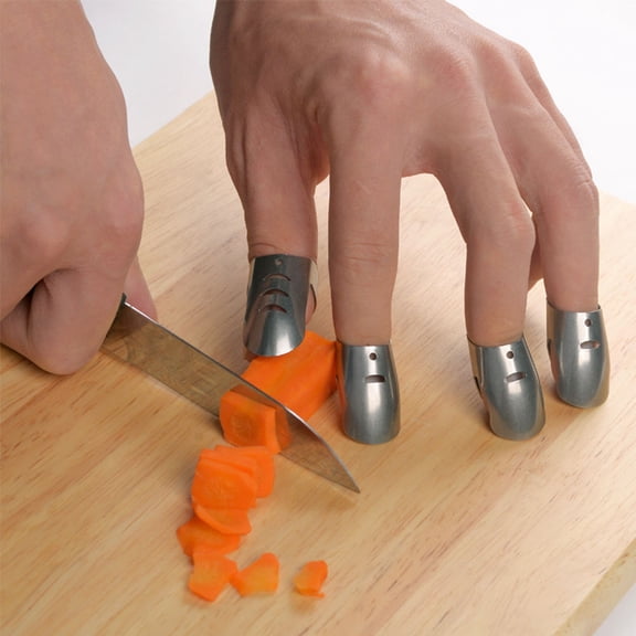 FELTECHELECTR 4-Pack Stainless Steel Finger Guard for Cooking, Adjustable Size Kitchen Safety Tool for Food Preparation