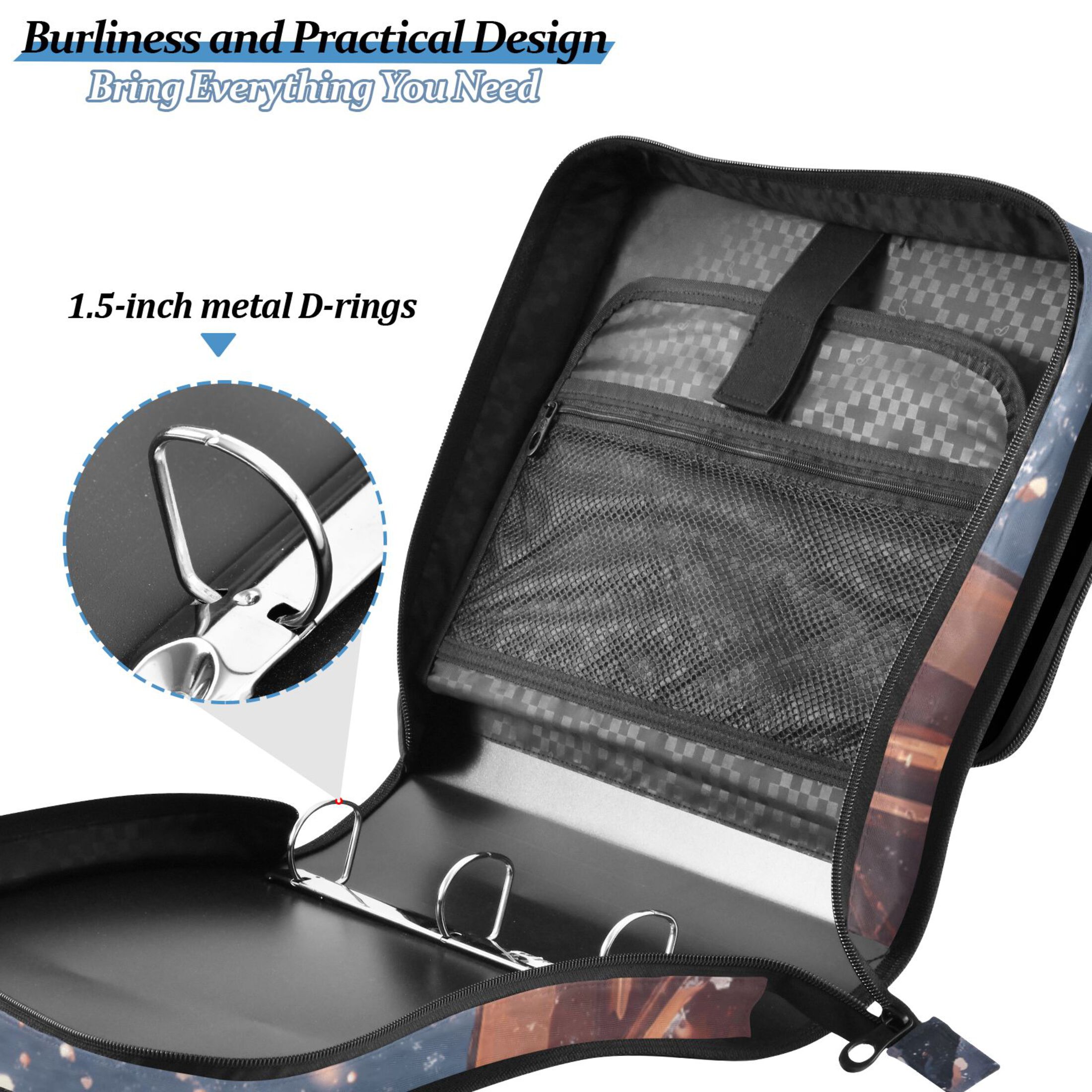 3 Ring Zipper Binder with Shoulder Strap Waterproof Trapper Keeper 2 Inch D-Ring 500 Sheets Capacity Fireworks in Sky