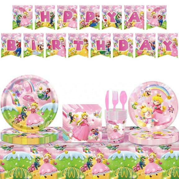 Princess Peach birthday party decorations, Princess Peach party supplies include birthday banners, tablecloths, plates, napkins, cups, cutlery, party decorations for girls and kids
