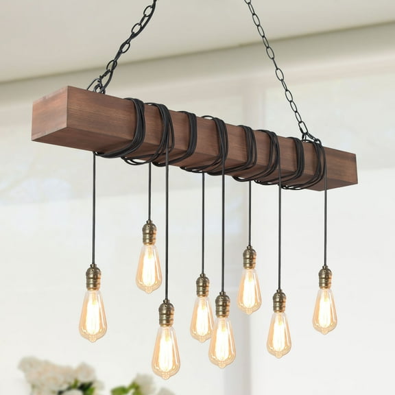 LNC Farmhouse Wood Chandelier Multiple Adjustable Hanging Ceiling Linear Light for Kitchen Island&Living Room