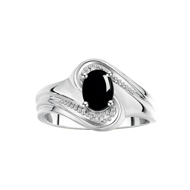 RYLOS Rings for Women Silver Swirl Ring with 7X5MM Oval Gemstone & Diamond Ring Cabochon Onyx Jewelry Size 6