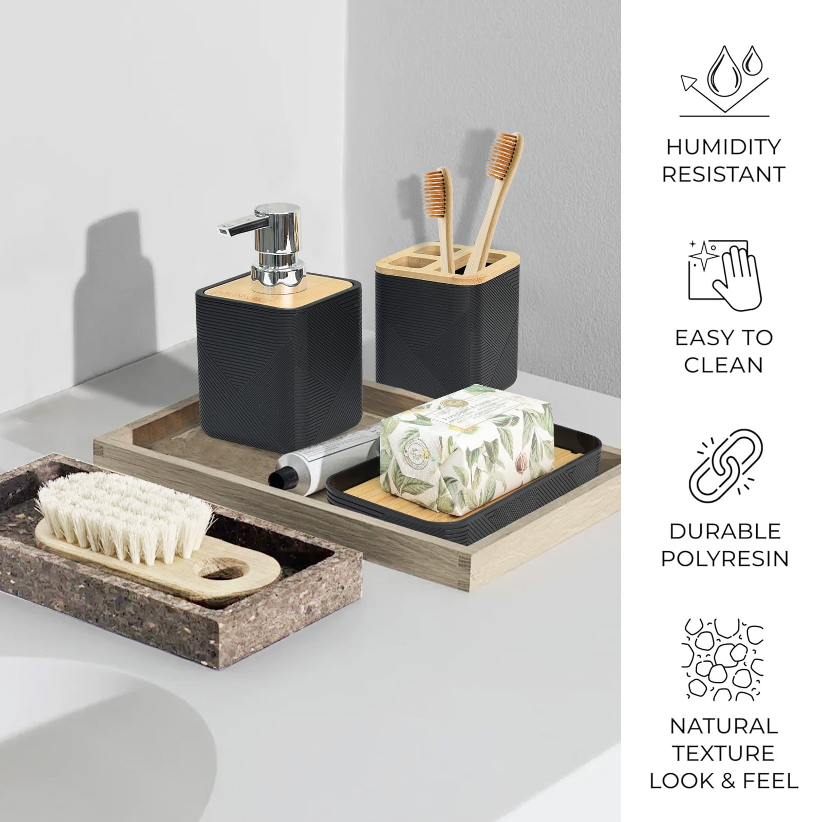 CERBIOR Bathroom Accessories Set 6 Piece Bamboo Bath Ensemble Includes Soap Dispenser, Toothbrush Holder, Toothbrush Cup, Soap Dish for Decorative Countertop and Housewarming Gift, Black