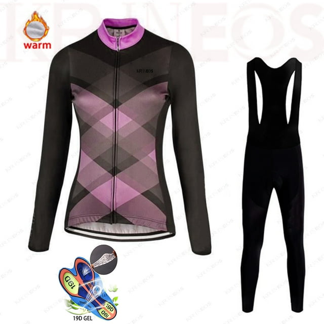 Maillot de Cyclisme pour Femmes à Manches Longues Automne Hiver en Polaire Thermique avec Coussinets en Gel, Robe de Mode MTB pour Fille, Maillot de Cyclisme