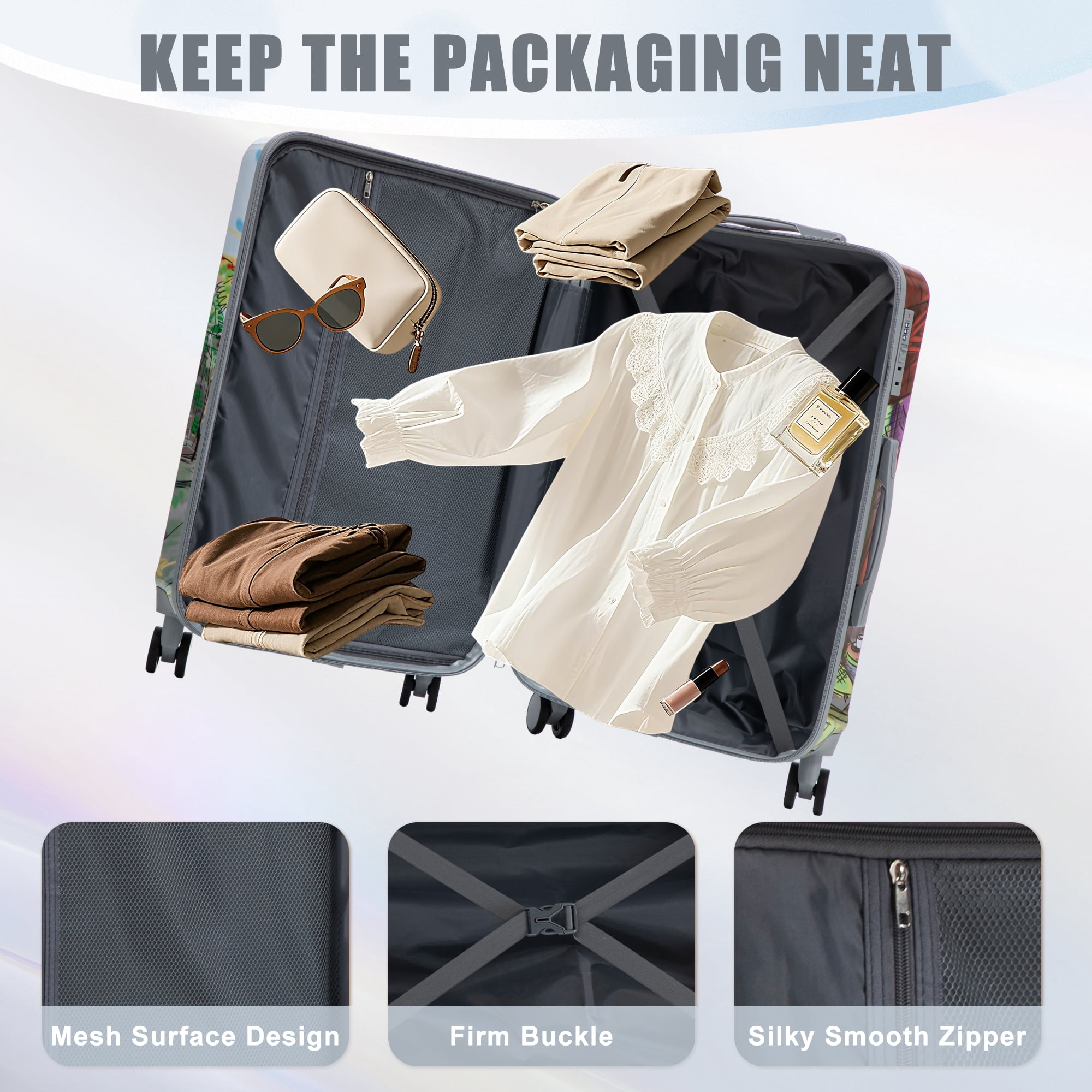 Alvantor 3 Piece Luggage Sets, Hardside Lightweight Suitcase with Combination Lock and Tower Printed, 20/24/28 Inch