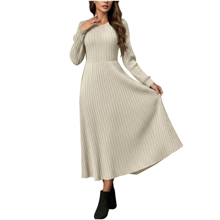 Xuniizn Long Sleeve Dresses for Women Solid Crewneck Casual Slim Maxi Winter Dress Stretchy Soft Comfortable Rib Knitted Workwear Dress, S-2xl,