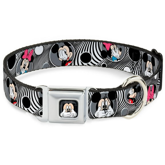 Disney Pet Collar, Dog Collar Metal Seatbelt Buckle, Mickey Minnie Peek A Boo Expressions Swirl Black White, 20 to 31 Inches 1.5 Inch Wide
