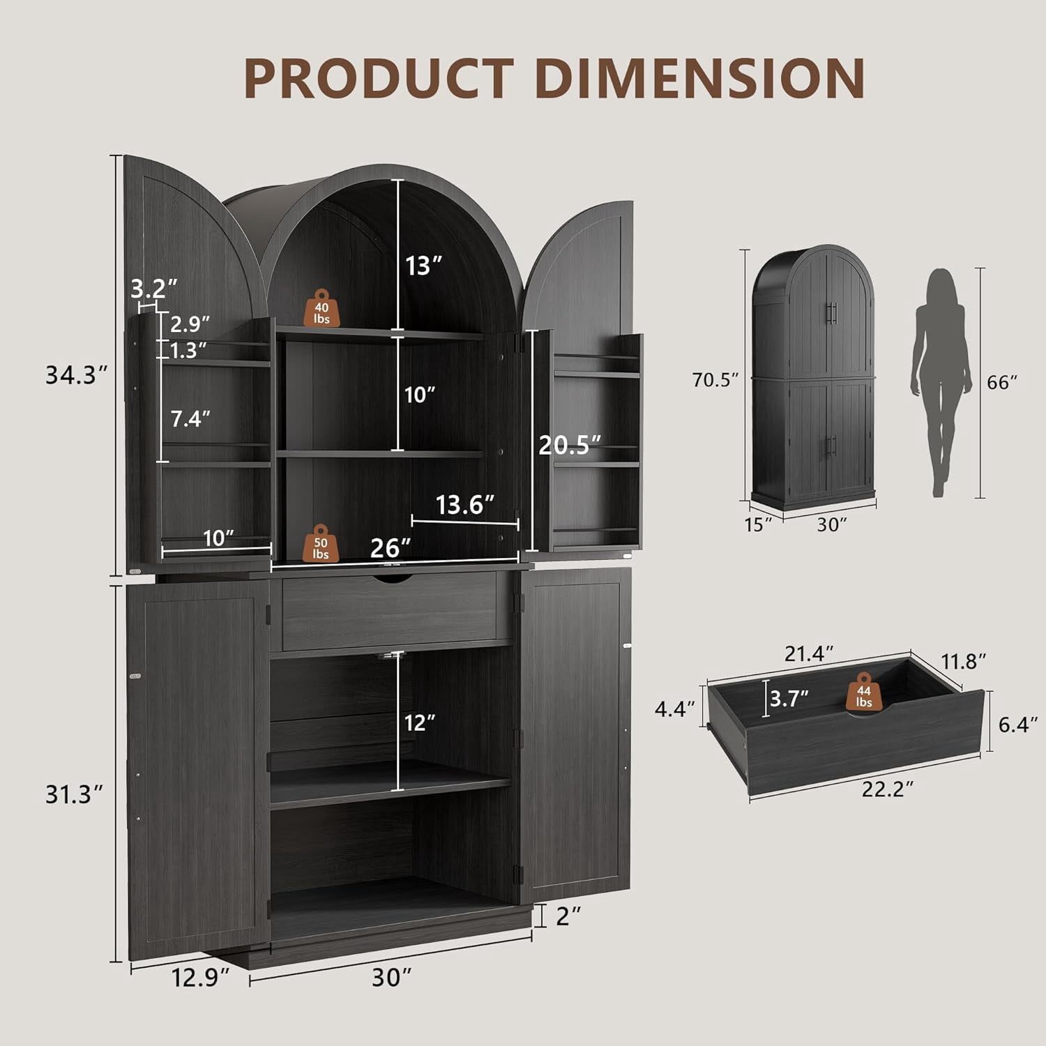 Virans 71" Tall Arched Kitchen Pantry Storage Cabinet,6-Tier Large Storage Cabinet with 2 Doors,Adjustable Shelves & Drawer for Living Room,Dining Room,Kitchen,Black