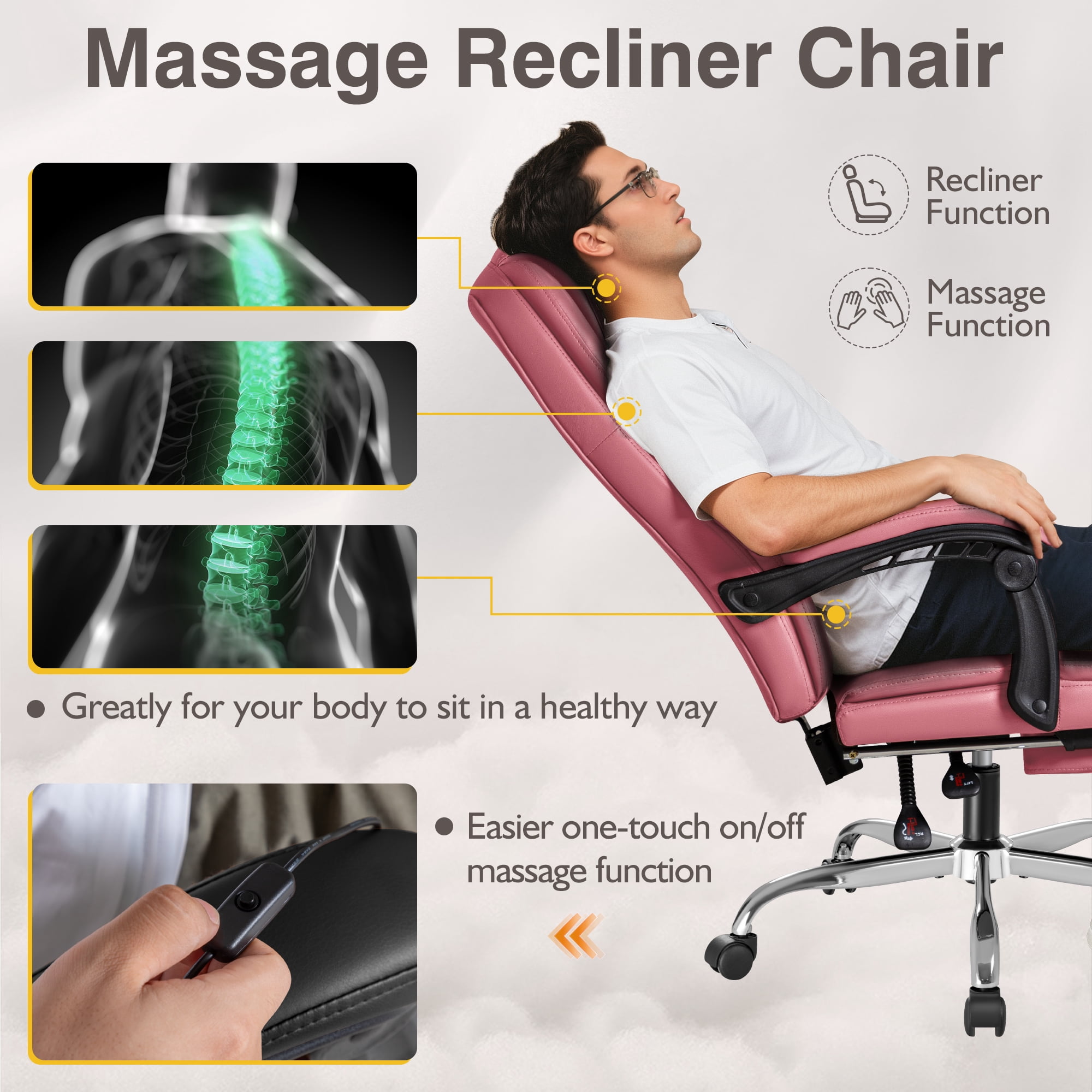 Furmax Reclining Massage Computer Chair Ergonomic Executive Office Chair Height Adjustable Leather Chair With Armsrests,Pink
