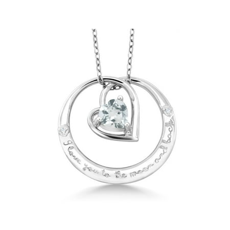 Gem Stone King "I love you to the moon and back" Aquamarine and Diamond Accent Heart Pendant Necklace in 925 Sterling Silver