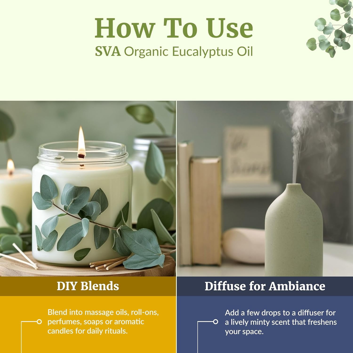 SVA Eucalyptus Essential Oil Organic – 16 Fl Oz – 100% Natural Organic Eucalyptus Oil for Hair, Face, Skin Care, Diffuser, Aromatherapy, Scalp, Body Massage, Soap and Candle Making