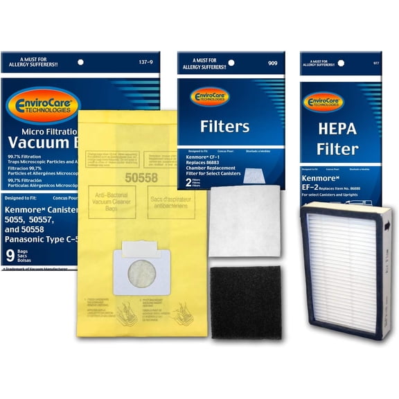 Replacement Part For Kenmore 5055, 5057, 50558 Mircrofiltration Canister Vacuum 9 Bags With 1pk CF-1 Foam Filter and 1pk EF-2 Progressive Hepa Filter.