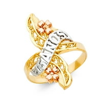 14k Tri Color Italian Gold Quinceañera Flower 15 Años Ring 25mm