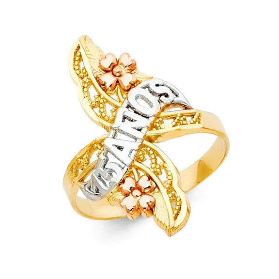 14k Tri Color Italian Gold Quinceañera Flower 15 Años Ring 25mm