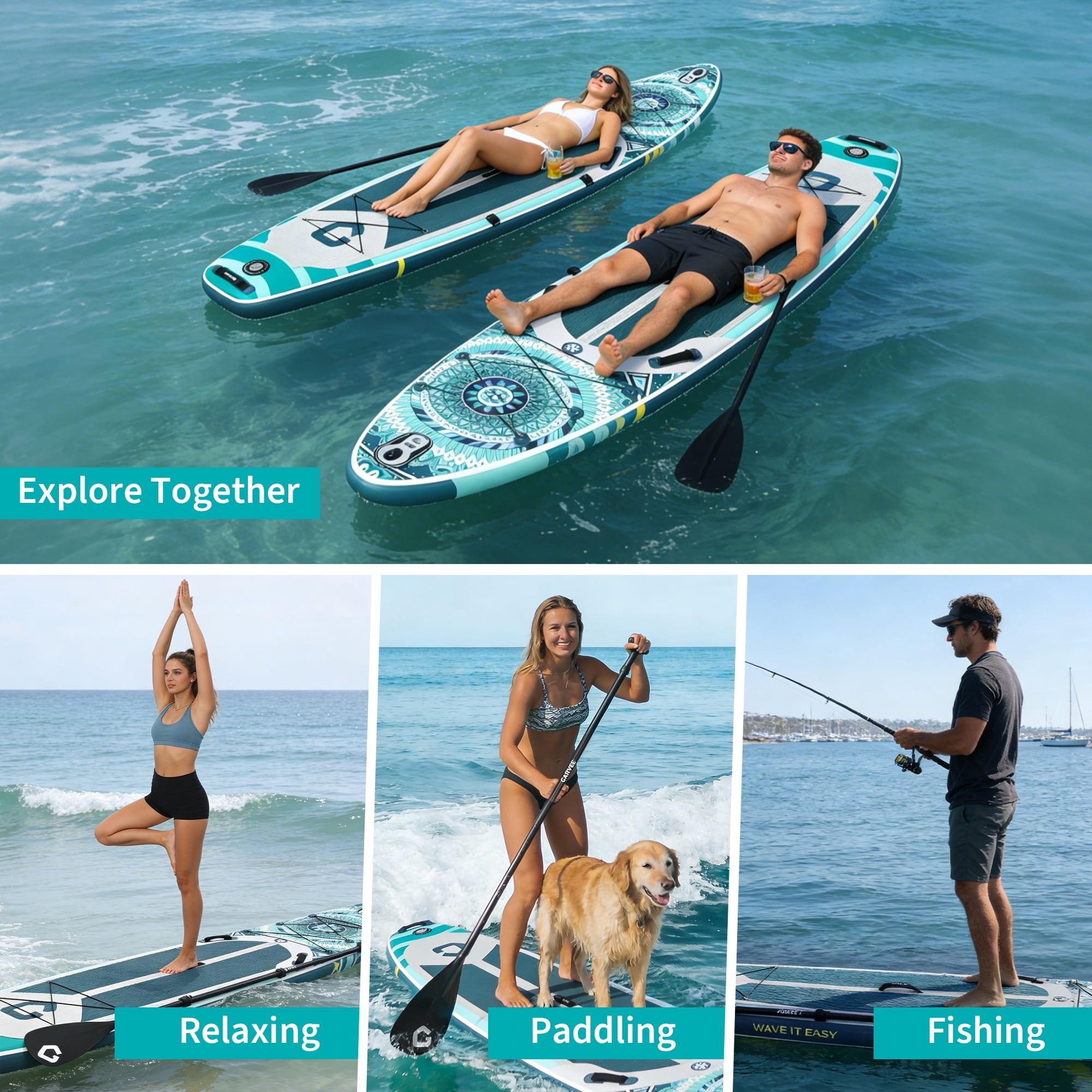 Bohemian Inflatable Stand Up Paddle Board with Accessories, EVA Non-Slip Deck, 3 Removable Fins, Adjustable Paddle, Pump, Leash & Backpack, All-Around iSUP for Adults & Youth, 11.5', Deep Green