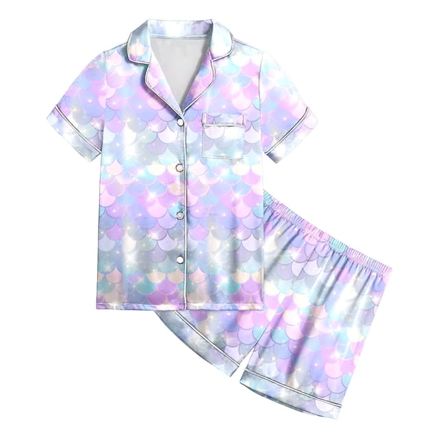 Pyjama pour Enfants Ensemble de Pyjamas en Satin 2 Pcs pour Enfants Enfants Imprimé Graphique Chemise à Boutons à Manches Courtes Ensemble Short Pyjama Bébé Bleu 12 Ans-13 Ans