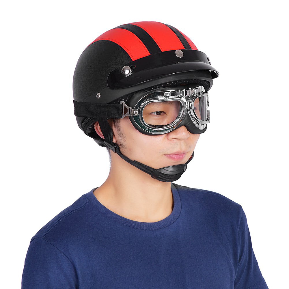 Safe and Comfortable Bike Open Face Helmet with Leather Cover and Foam Lined In Universal Motorcycle Scooter Open-Face Helmet Soft Light Motorbike Helmet with UV Goggle and Helmet Leather Scarf 