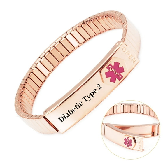 Wollet 6.88'' Stretch Rose Gold Medical Alert Bracelet for Women, Free with a Medical info Card, Easy on Easy off, Stainless Steel ID Bangle Personalized, Width:0.31'' , Diabetic Type 2