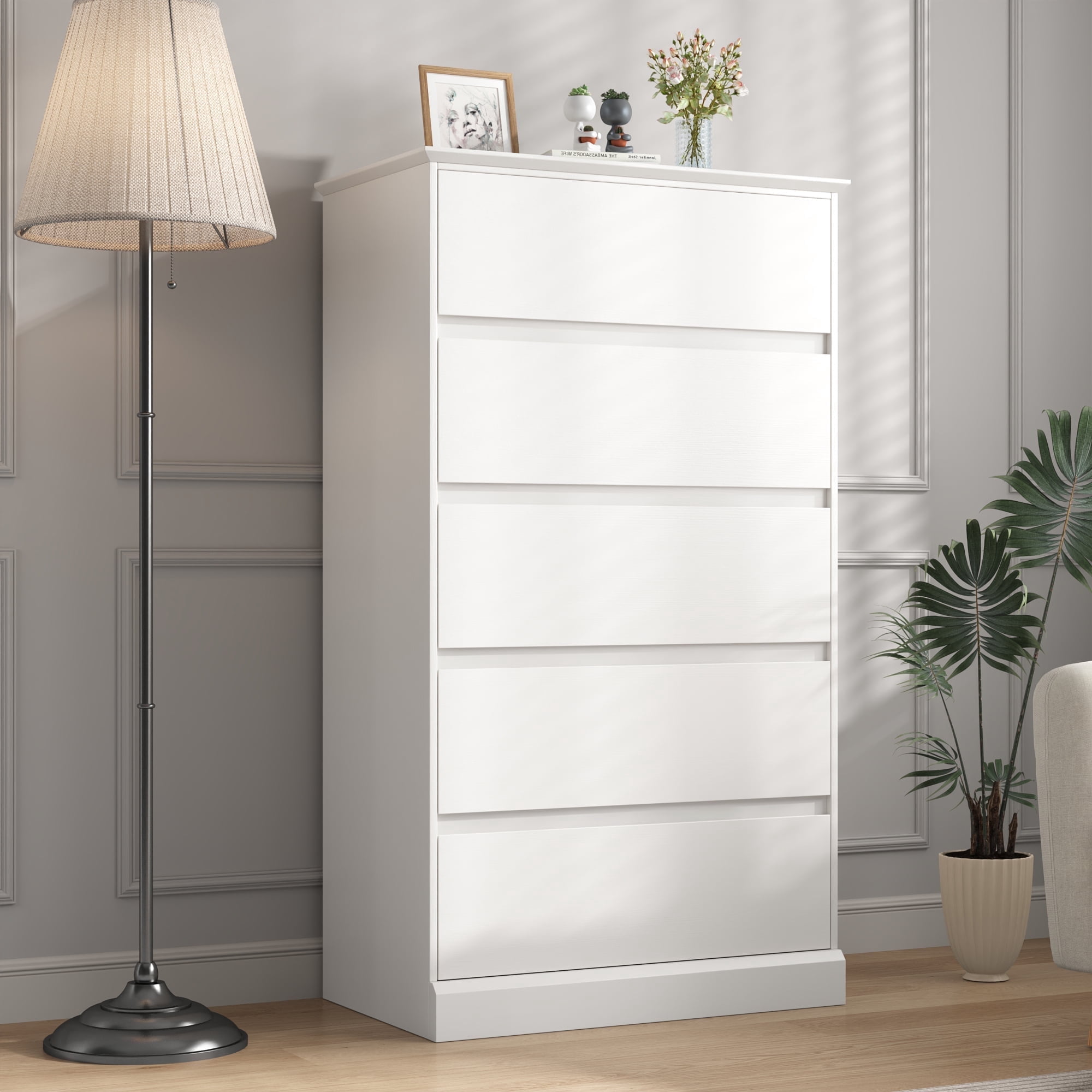 5 Drawer Dresser for Bedroom, White Tall Chest of Drawers Wood Storage Cabinet for Living Room, Hallway, Entryway, Guest Room