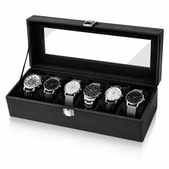 6-Slot Watch Box Display Case Watch Holder for Men,PU Leather Jewelry Collection Box,Black