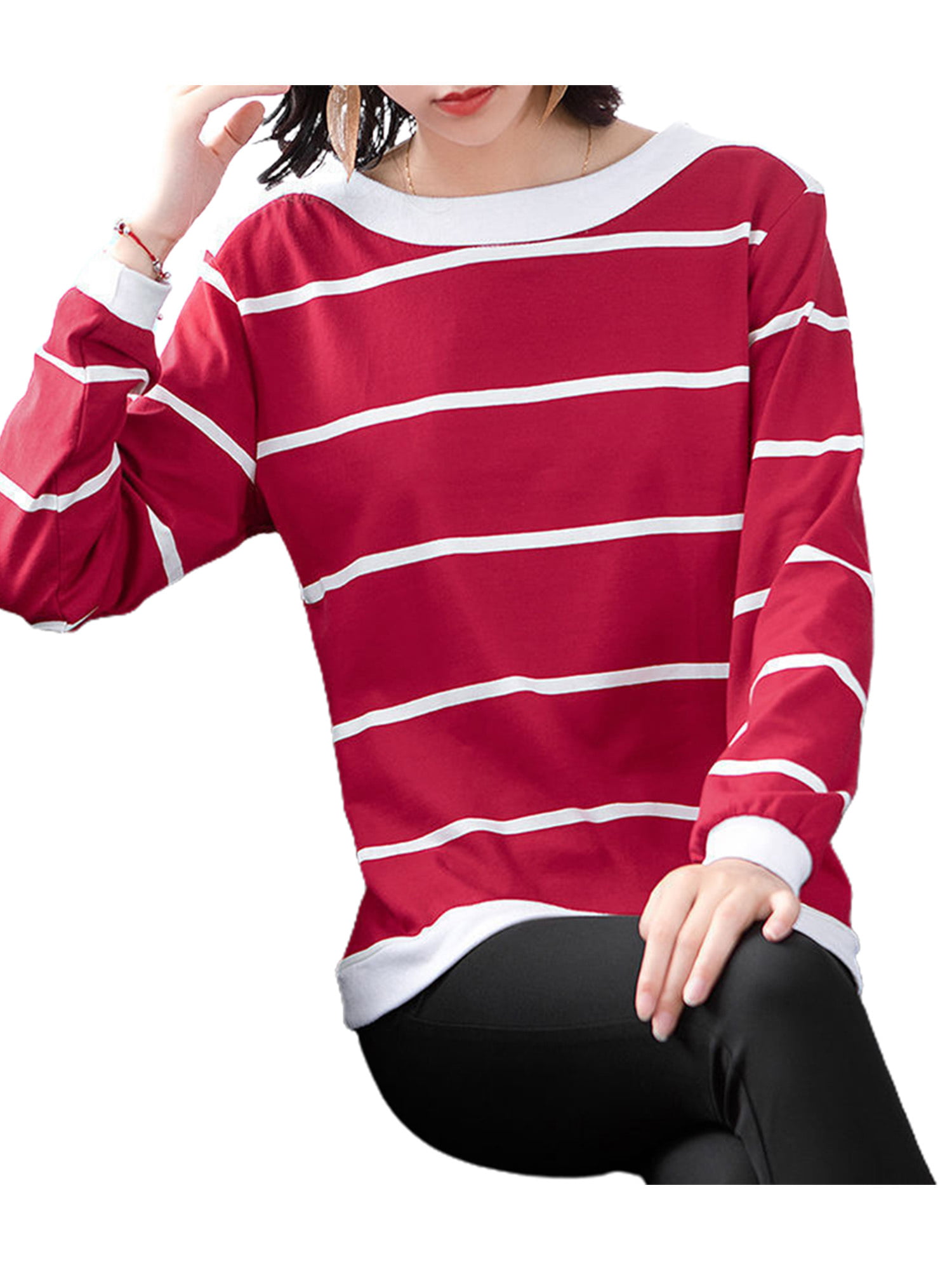 Fashion Women Autumn Shirt High Collar Top Stripe Sweatshirt Long Sleeve Blouse