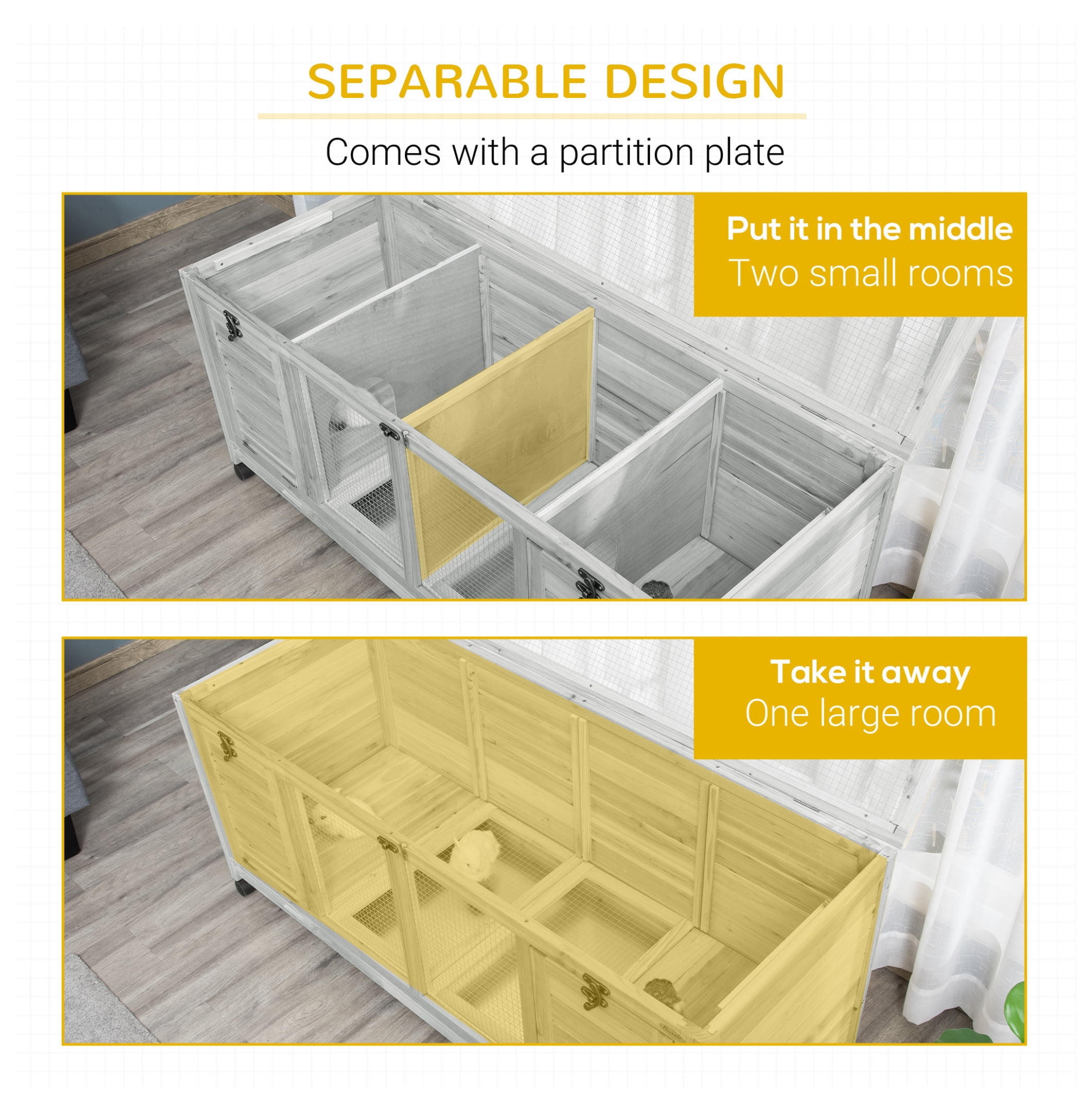 Wooden Rabbit Hutch with Wheels, Bunny Cage - 2 Story Indoor Outdoor Small Animal Habitat for 1-2 Rabbits - Light Gray