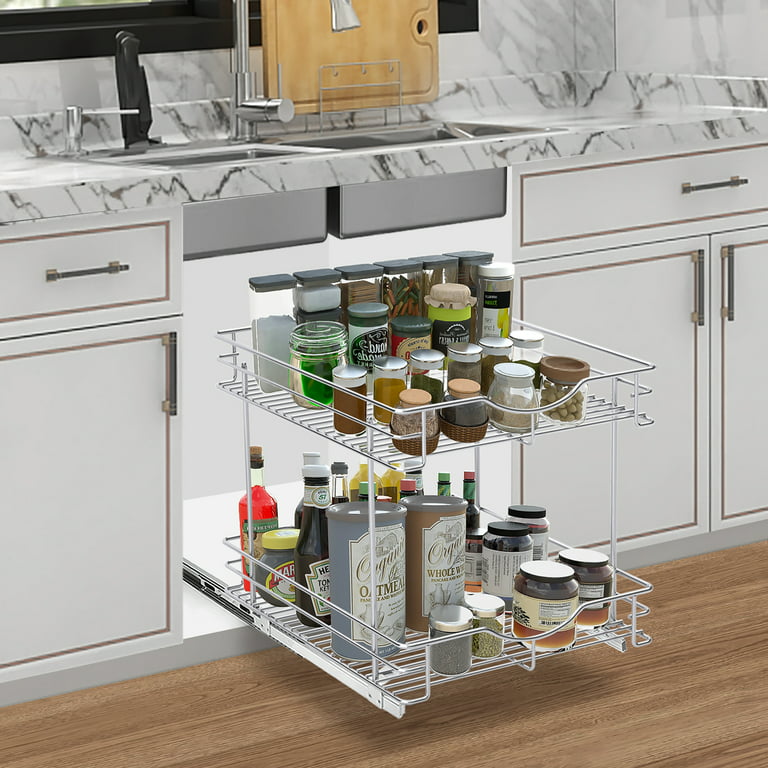 Fulgente Chrome Finish Pull Out Drawer Cabinet Organizer, Professional Wire Frame 2 Tier Heavy Duty Slide Out Kitchen Cabinet Storage Shelves, Sliding