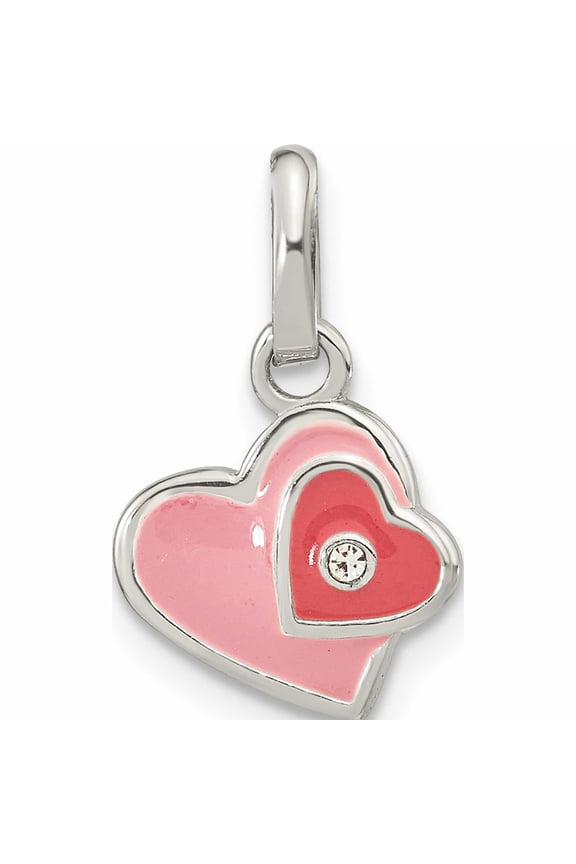 Sterling Silver Pink/ Hot Pink Enamel Cz Double Heart Pendant (17.18 X 9.94) Made In Thailand -Jewelry By Sweet Pea