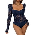 thumbnail image 2 of Women'S Sheer Floral Lace Long Sleeve Bodysuit Top Sweetheart Neck Bodysuit Dark Blue L, 2 of 9