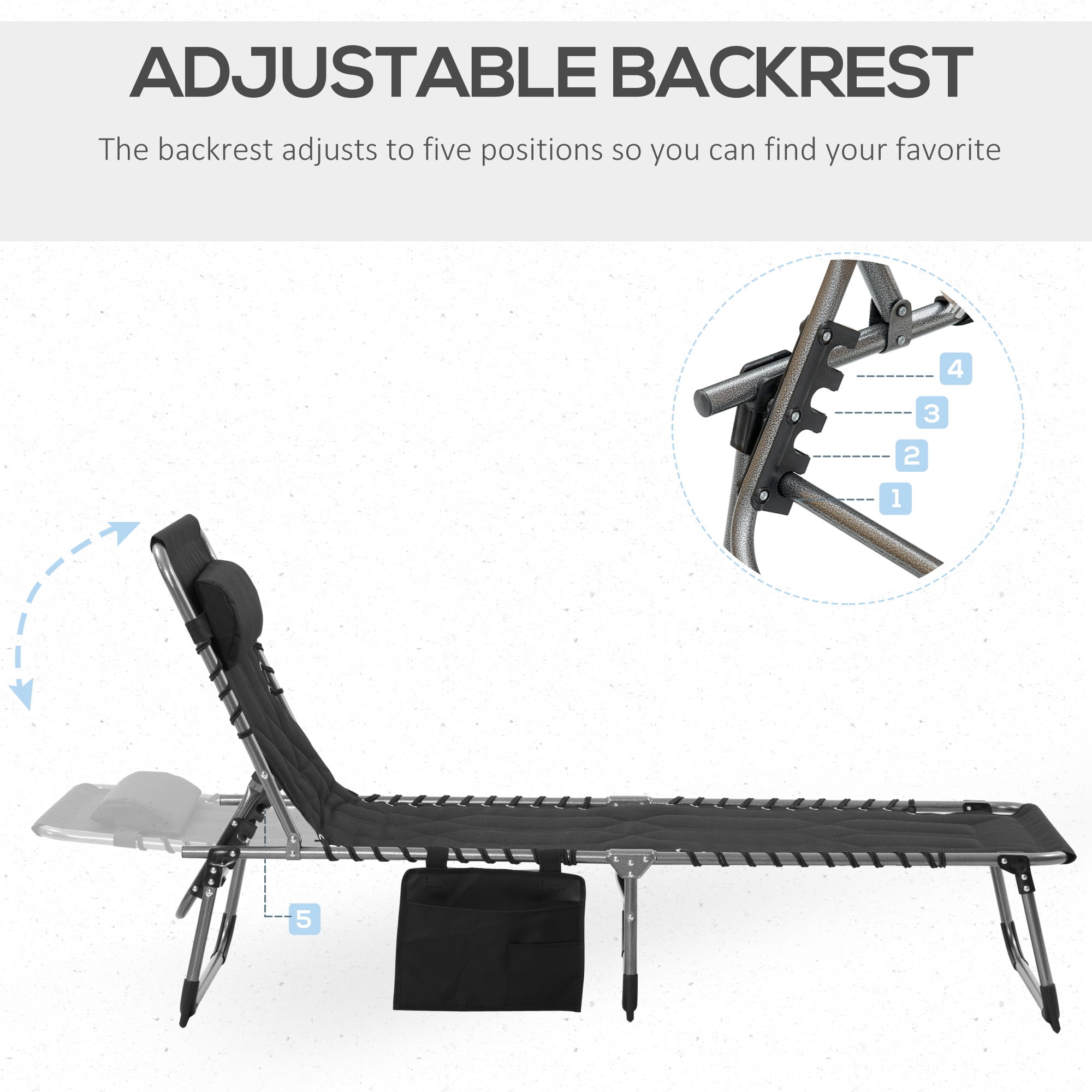 Folding Chaise Lounge Chair, Outdoor 6-Level Reclining Camping Tanning Chair with Headrest
