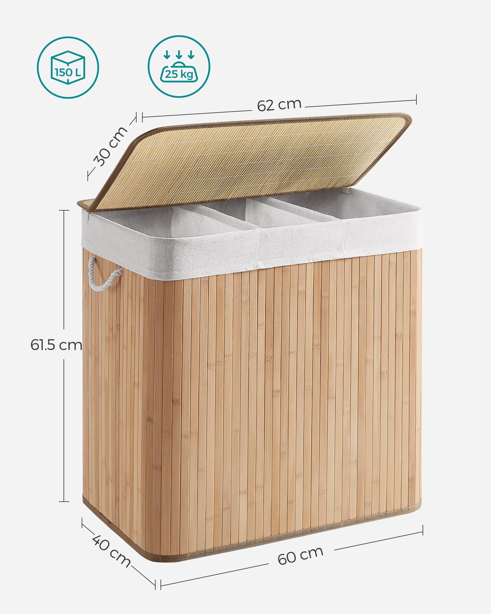 SONGMICS 39.6 Gallons Laundry Hamper, 3-Section Laundry Basket, Laundry Hamper with Lid, Bamboo, Foldable, Removable and Machine Washable Liner Natural