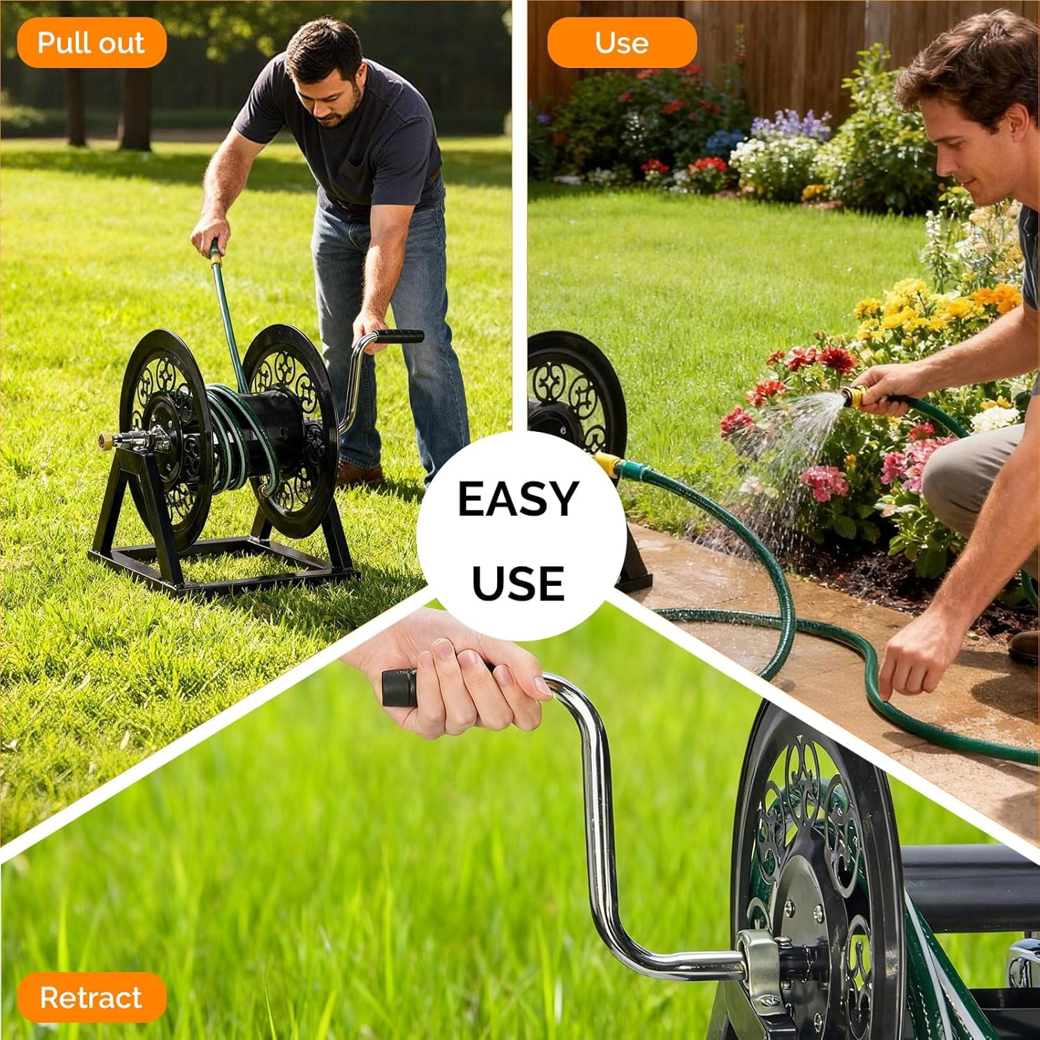 CHTER Decorative Hose Reel, Wall Mount Water Hose Reel for Garden Outside with Heavy Duty Portable Rolling Design Metal, 108FT Capacity for 3/4" Hose for Outdoor Use (Black)