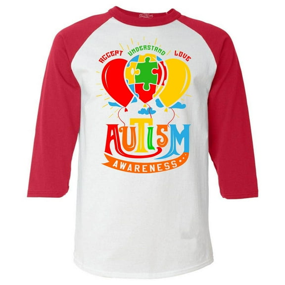 Shop4Ever Men's Accept Understand Love Autism Awareness Balloons Raglan Baseball Shirt Large White/Red