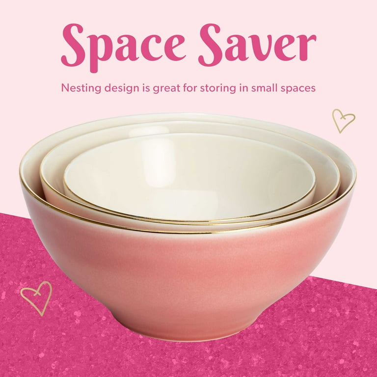 Paris Hilton 3-Piece Ceramic Bowl Set, Nesting Mixing Bowls, Dishwasher Safe, Pink and Gold