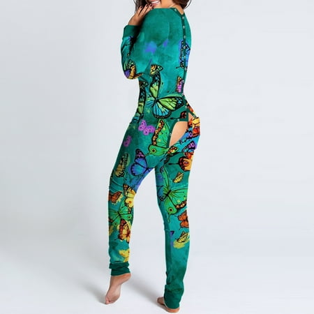 

MRULIC pajamas for women Women s Button-down Functional Buttoned Flap Adults Butterfly Printing Jumpsuit B + S