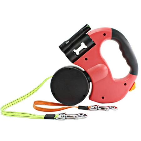 Dual Doggie Retractable Leash with Garbage Bag Box Flexible with Light Braking Red