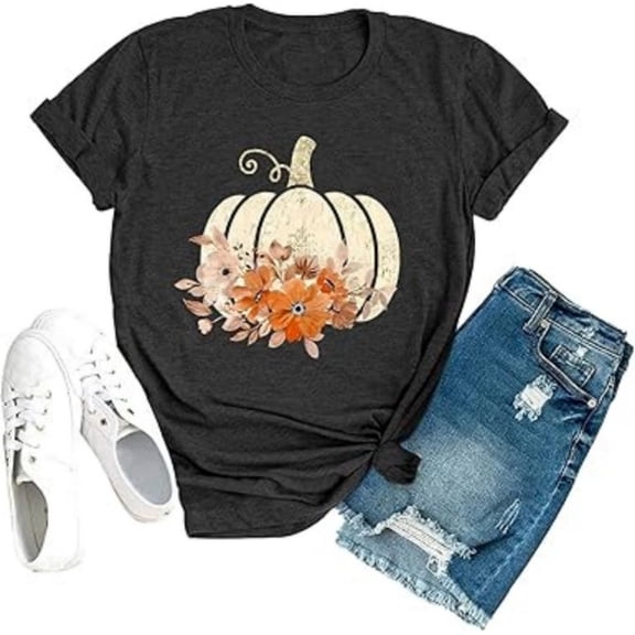 Boho Pumpkin Print Halloween Short Sleeve Shirt for Women