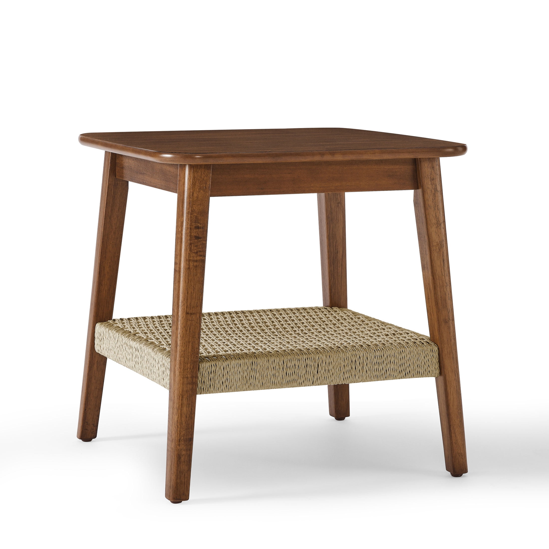 GDF Studio 23" Mid-Century Modern Side Table with Woven Storage Shelf, Solid Wood, Dark Walnut